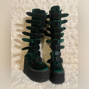 Emerald Velvet Trinity Dolls Kill Demonia swing 815 buckle knee high boots.